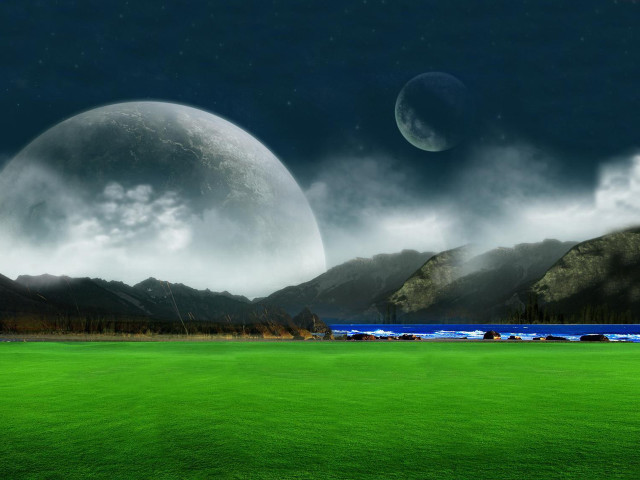Green field mountains water moon #5 free wallpaper - medium preview image