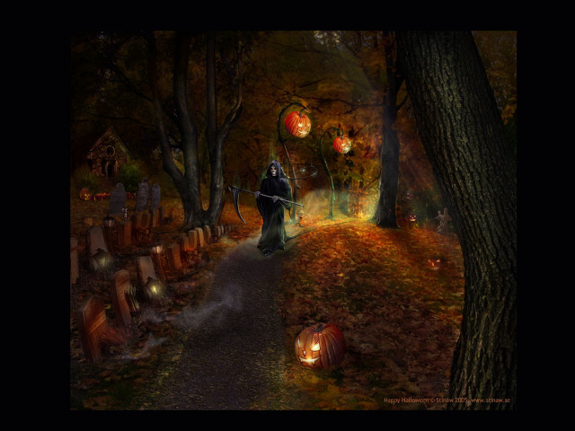Wizard graveyard pumpkins lanterns path free wallpaper - medium preview image