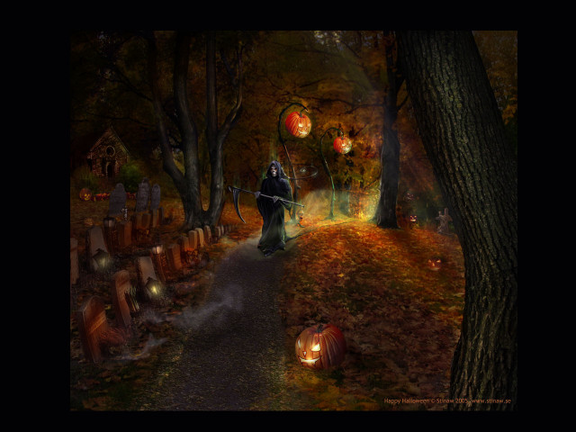 Wizard graveyard pumpkins lanterns path #3 free wallpaper - medium preview image