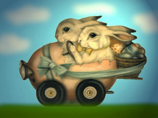 Rabbit toy car eggs whimsical free wallpaper - medium preview image