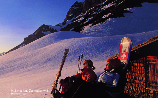 Two people bench skis mountain #2 free wallpaper - medium preview image