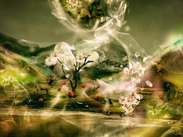 Tree flowers field mountains lake #2 free wallpaper - medium preview image