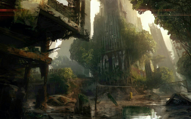 City trees buildings background painting free wallpaper - medium preview image