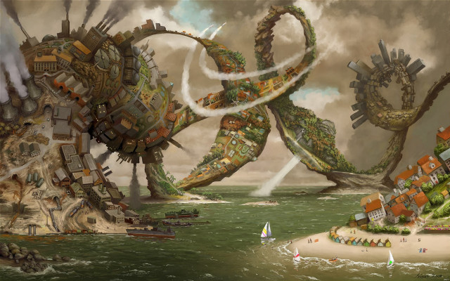 Giant octopus attacking city beach free wallpaper - medium preview image