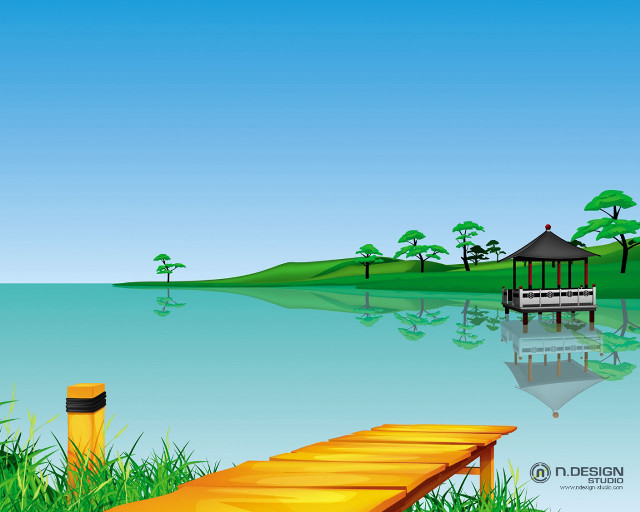 Wooden dock lake green field #2 free wallpaper - medium preview image