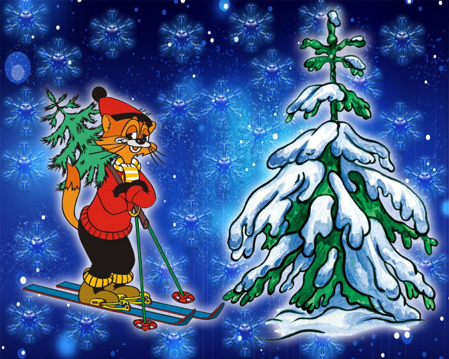 Cartoon cat skiing christmas tree #3 free wallpaper - medium preview image