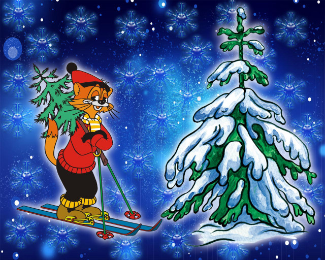 Cartoon cat skiing christmas tree free wallpaper - medium preview image