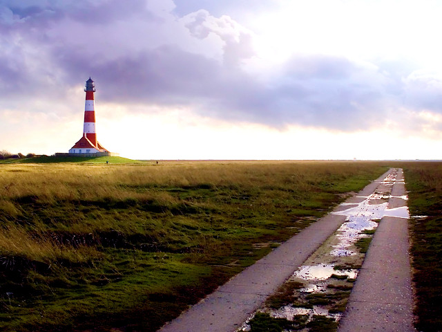 Road lighthouse cloudy puddle grass free wallpaper - medium preview image