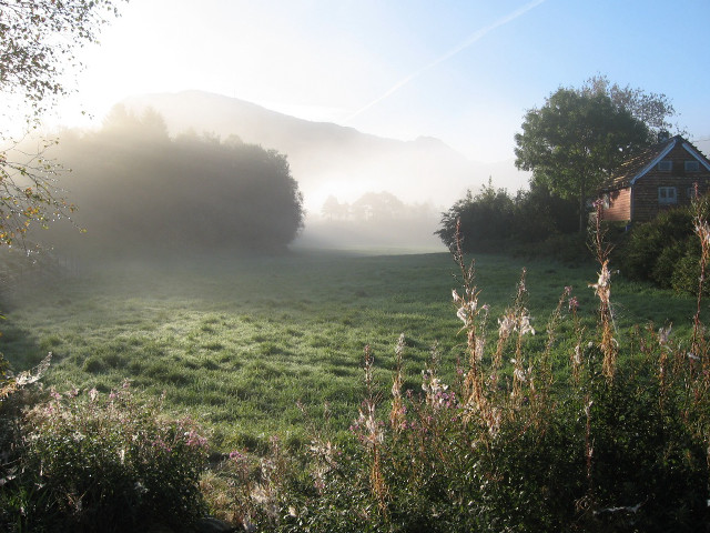 Foggy field house distance peaceful free wallpaper - medium preview image