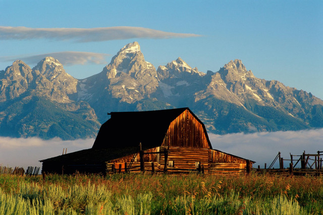 Barn field mountains clouds sky free wallpaper - medium preview image