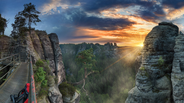 Scenic mountain bridge forest sunset free wallpaper - medium preview image