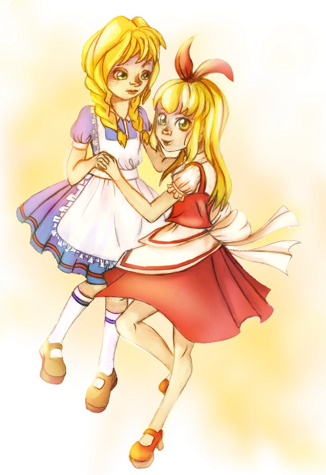 Girls hugging dresses bows heads free wallpaper - medium preview image