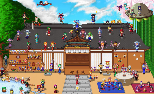 Cartoon house people pool gathering free wallpaper - medium preview image