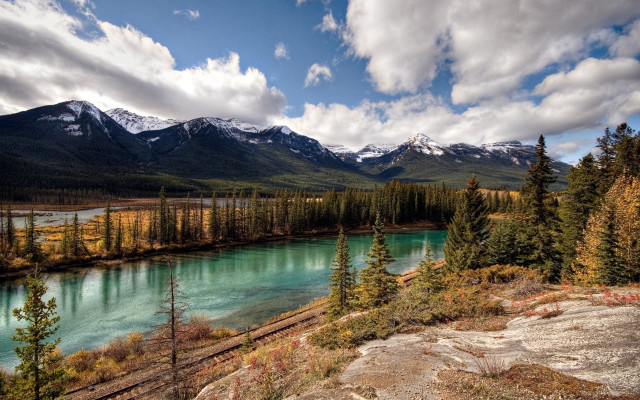 River mountains trees blue sky free wallpaper - medium preview image