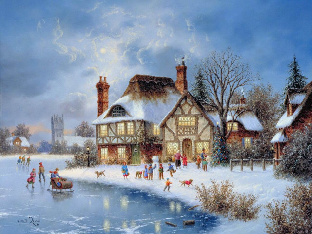 Winter scene skating lake house free wallpaper - medium preview image