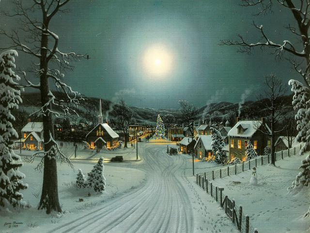 Snowy village full moon snow free wallpaper - medium preview image