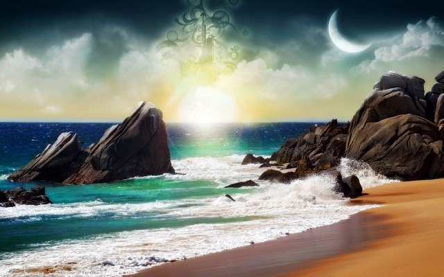 Beach rock formation ocean crescent free wallpaper - medium preview image