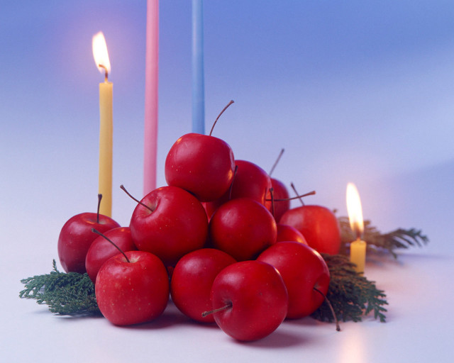 Cherries candles table blue background free wallpaper - medium preview image