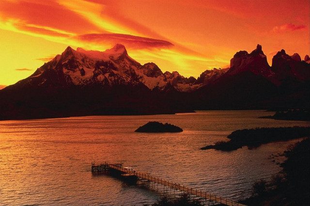 Sunset mountain dock water beautiful free wallpaper - medium preview image