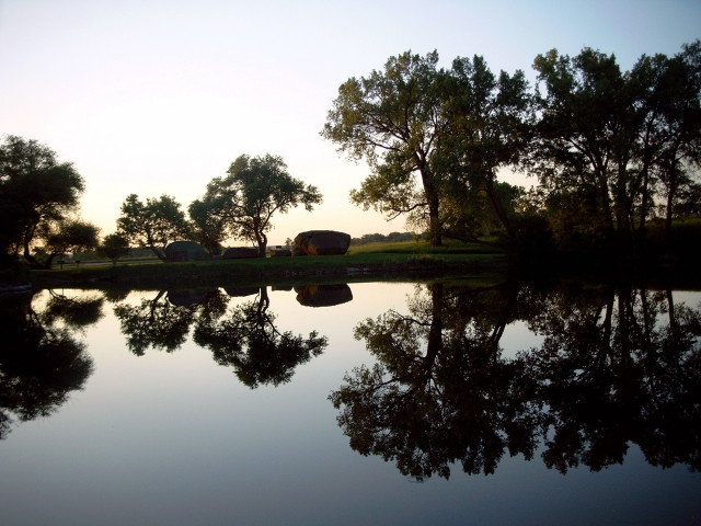 Lake trees house sunset dawn free wallpaper - medium preview image