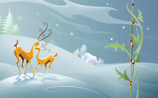 Deer snowfield redberries Christmas illustration free wallpaper - medium preview image