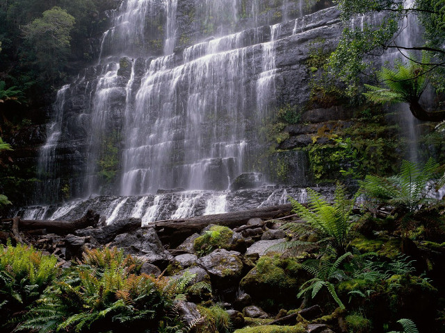 Waterfall forest rocks plants sunlight free wallpaper - medium preview image