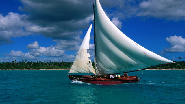 Sailboat white sails ocean beach free wallpaper - medium preview image