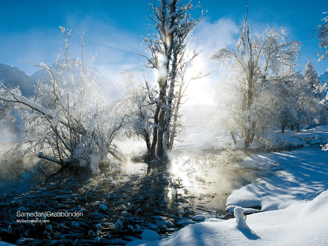 River snow trees blue sky #2 free wallpaper - medium preview image