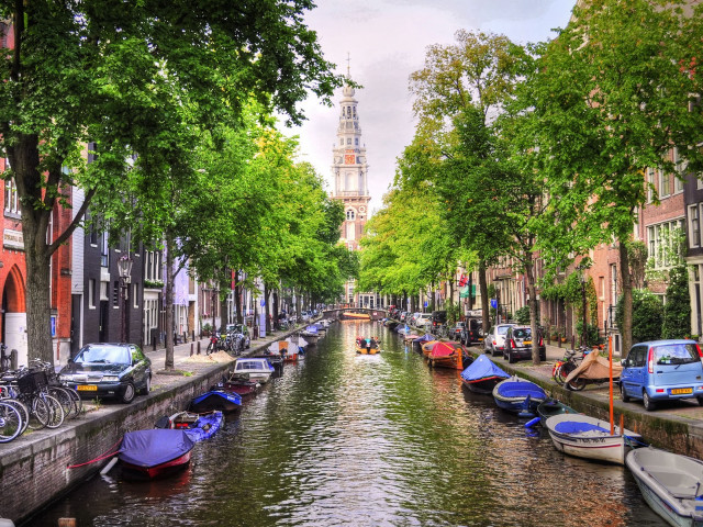Canal boats parked cars church free wallpaper - medium preview image