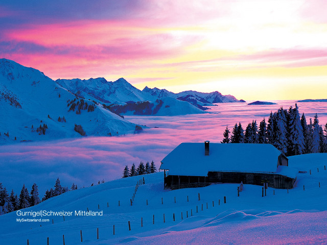 Snowy mountain house pink sky #2 free wallpaper - medium preview image