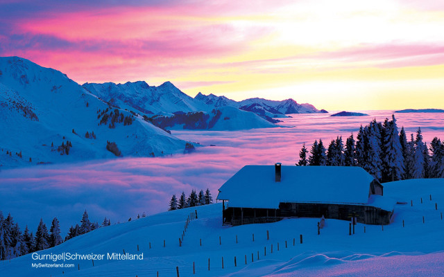 House snowy mountain range pink free wallpaper - medium preview image