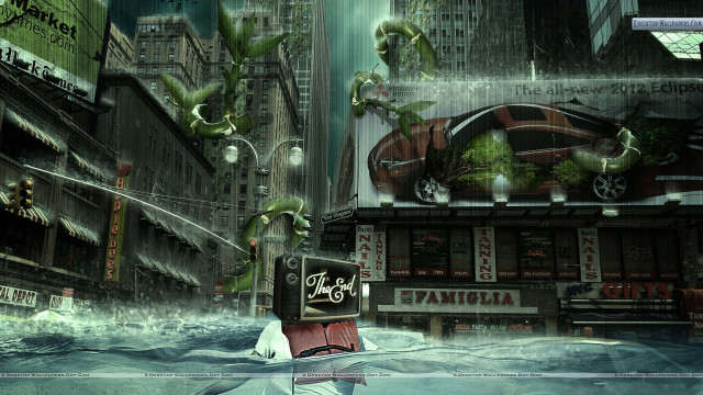 City street sign buildings digital free wallpaper - medium preview image
