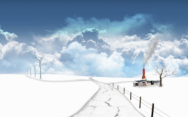 Snowy landscape road windmills house free wallpaper - medium preview image
