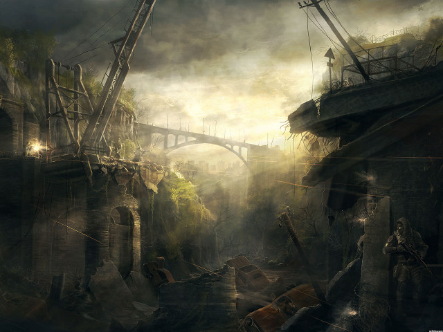Bridge river man standing distance free wallpaper - medium preview image