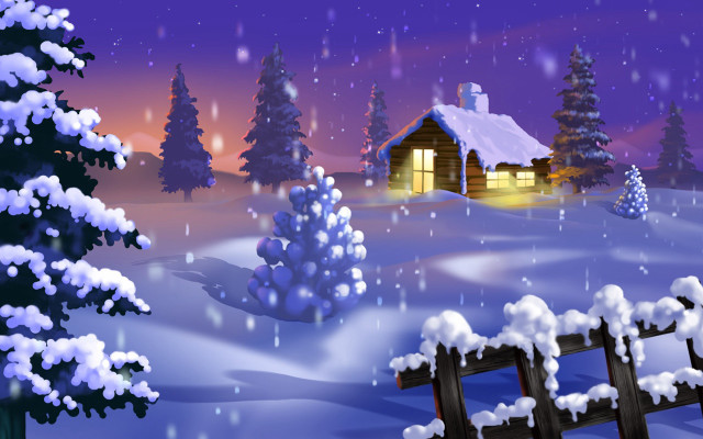 Snowy cabin fence night sky free wallpaper - medium preview image