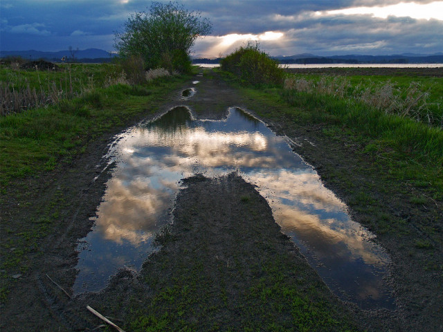 Road puddles cloudy sky background free wallpaper - medium preview image