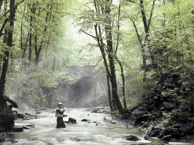 Man standing river holding fish free wallpaper - medium preview image
