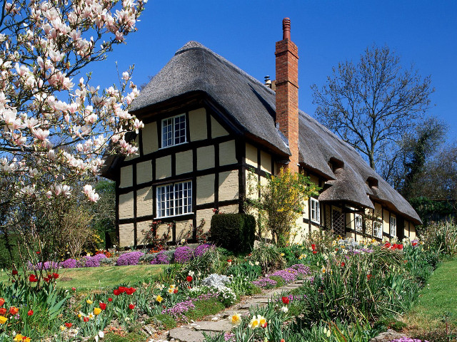 Thatched roof house flowers path free wallpaper - medium preview image