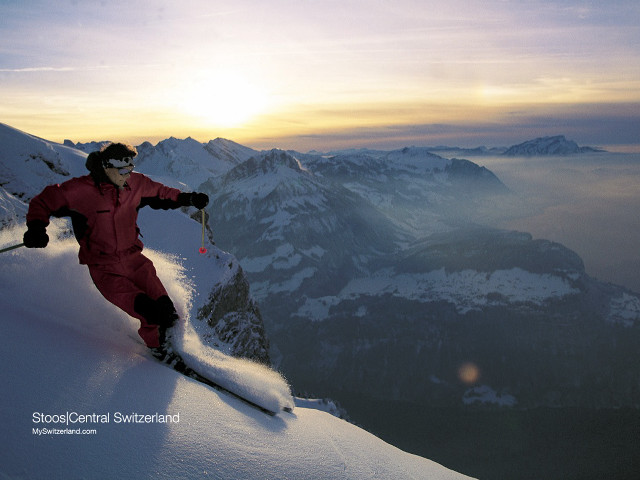 Red snow suit skiing sunset free wallpaper - medium preview image