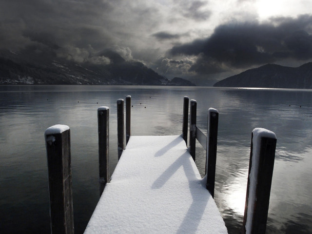 Snow covered dock lake mountains free wallpaper - medium preview image