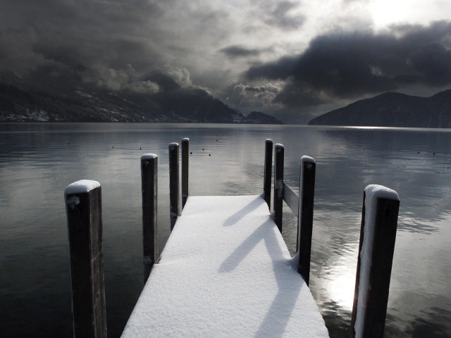 Snow covered dock lake mountains #4 free wallpaper - medium preview image