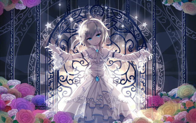 Woman white dress gate flowers free wallpaper - medium preview image