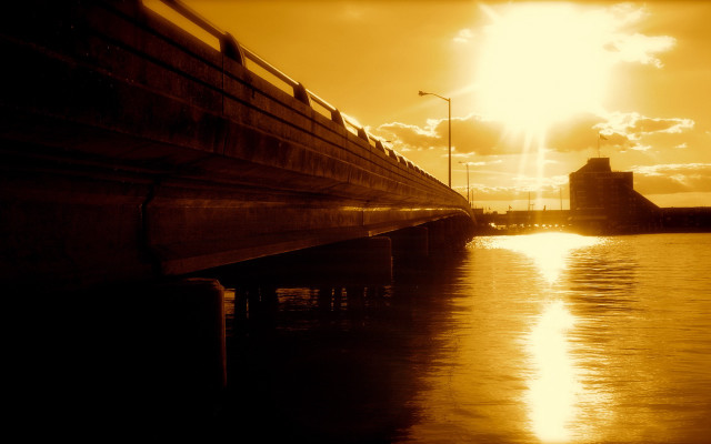 Bridge water sun clouds building free wallpaper - medium preview image