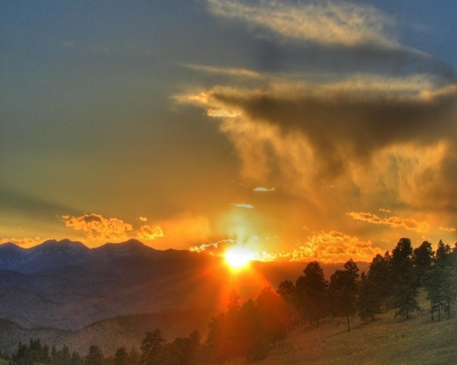 Sunset mountain clouds trees hills #2 free wallpaper - medium preview image