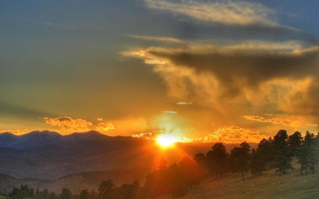 Sunset mountain clouds trees hills free wallpaper - medium preview image