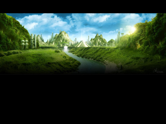 Green landscape river bridge clouds free wallpaper - medium preview image