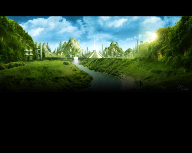 Green landscape river clouds bridge free wallpaper - medium preview image