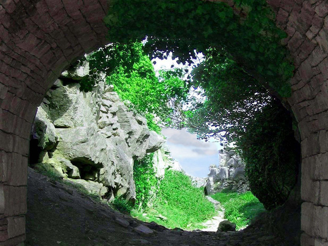 Tunnel bench stone wall trees free wallpaper - medium preview image