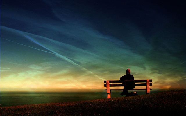 Ocean bench sunset sunrise person free wallpaper - medium preview image