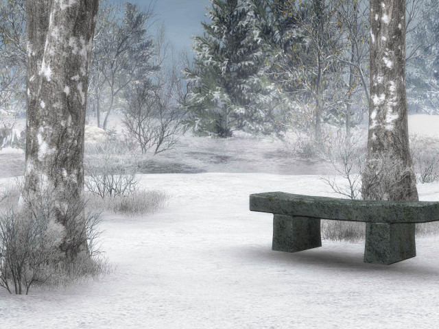 Snowy park bench trees mountains free wallpaper - medium preview image